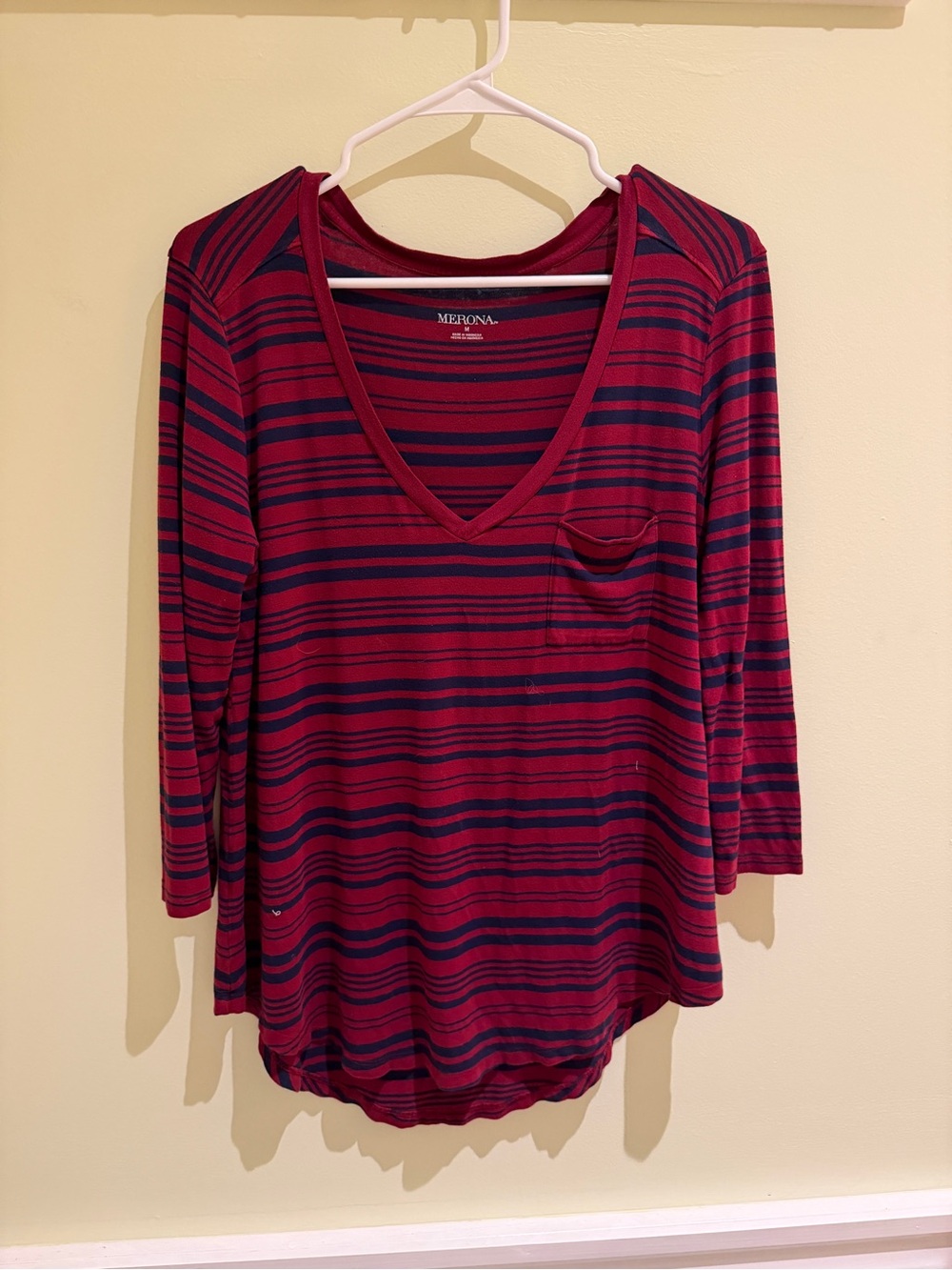 Merona Burgundy and Navy Striped V-Neck Long Sleeve Top